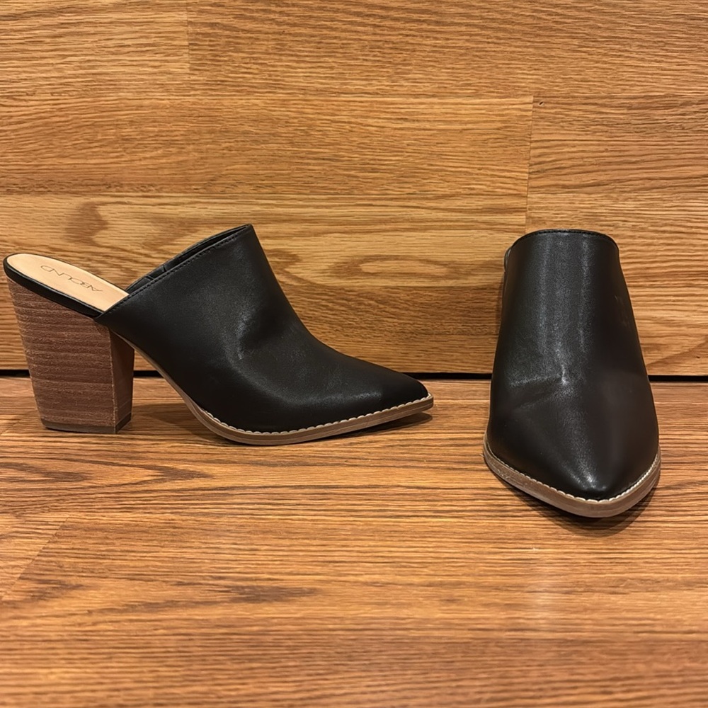 MAYA-PU ABOUND  pointed block heels black mules. Size 9 1/2 M - Picture 2 of 14